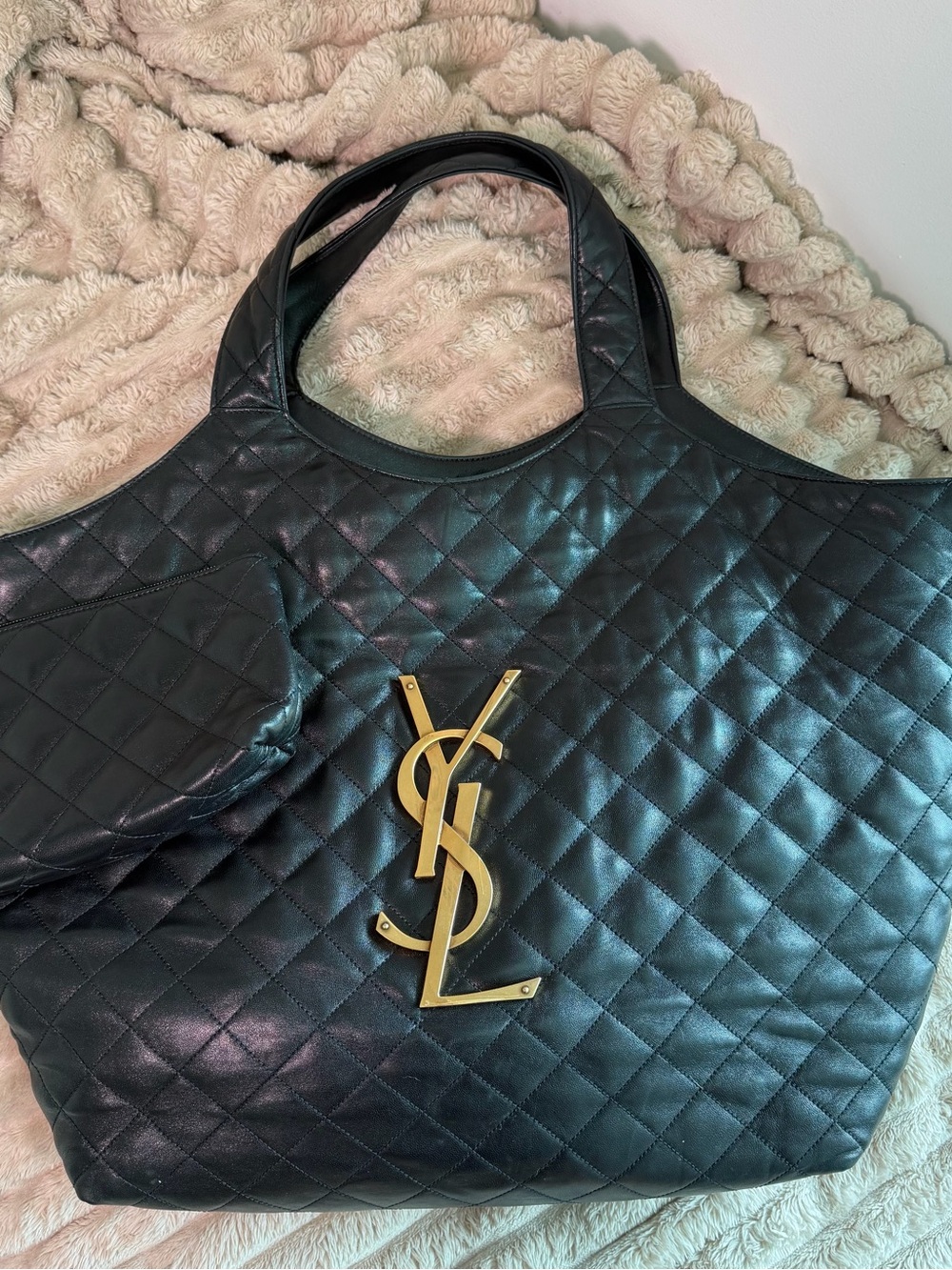 Yves Saint Laurent Black Quilted Leather Tote with Gold YSL Emblem Cassandre